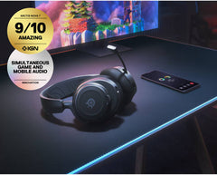 SteelSeries Arctis Nova 7 Wireless Gaming and Mobile Headset with Nova Acoustic System, dual 2.4 GHz and Bluetooth connectivity, up to 38 hours of battery life, USB-C support, ClearCast Gen2 microphone, compatible with PC and PlayStation, in black.