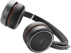 Jabra Evolve 75 SE MS Stereo Wireless Headset (W13M Version A) with Link 380a adapter, Bluetooth connectivity, hi-fi audio, on-ear design, and built-in volume controls for use with both PC and mobile devices.