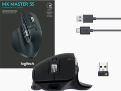 Logitech MX Master 3S Wireless Mouse featuring ultra-fast scroll wheel, 7-button control, 8000 DPI precision, silent clicks, USB-C charging, Bluetooth connectivity, and up to 10m wireless range in Graphite.