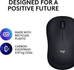Logitech M185 Wireless Mouse – ambidextrous design with 1000 DPI optical tracking, 2.4 GHz wireless connection via USB mini receiver, compatible with PC, Mac, and laptops, in black.