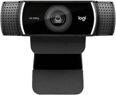 Logitech C922 Pro Stream Full HD webcam with included tripod, featuring dual built-in stereo microphones, automatic light correction, fast frame rate streaming, 78° diagonal field of view, smooth autofocus, in a black finish.