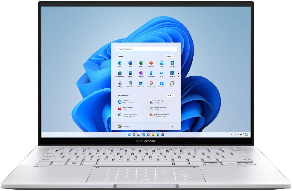 Asus Zenbook 14 Laptop featuring a 14" 2K OLED touchscreen display, powered by an Intel Core i9-13900H processor. Equipped with 16GB RAM, 1TB SSD storage, Intel Iris Xe graphics, an English backlit chiclet keyboard, and Windows 11, 90NB10G7-M00UR0.